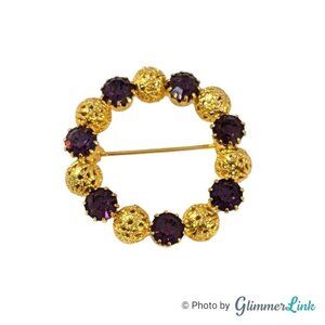 Vintage Purple Rhinestones Filigree Beads Circle Gold Tone Brooch